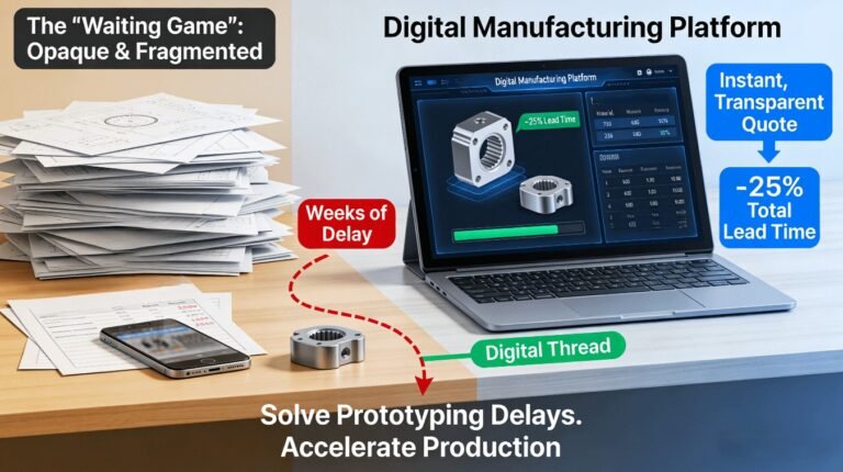 A desk contrasts the traditional CNC sourcing process (paper drawings, a phone showing email backlog, an opaque quote) with a digital platform workflow (a tablet showing an interactive 3D model with an instant, itemized quote and a -25% lead time indicator), visualizing the shift from fragmented delays to an efficient digital thread.