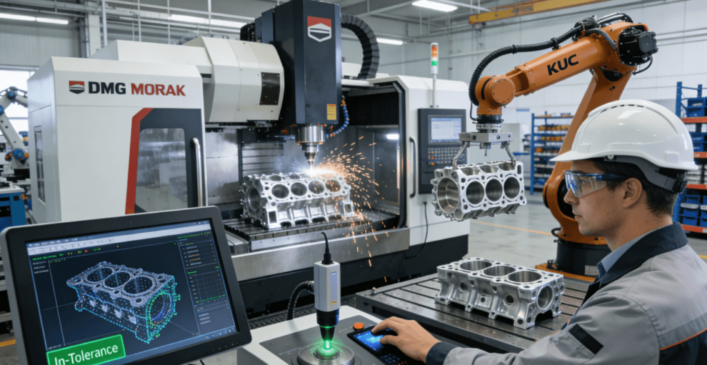 A highly automated and realistic manufacturing cell featuring a 5-axis CNC machine machining an aluminum engine block, with a robotic arm handling a part and an engineer conducting in-process quality control inspection on a CMM touchscreen.